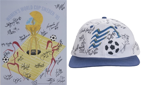 Lot of (2) 1995 Womens World Cup Sweden Team Signed Hat and Dry-mounted 17"x21" Poster (JSA Auction LOA & Akers LOA) 